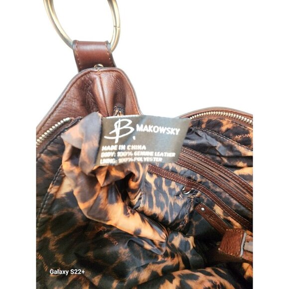 B. Makowsky Brown Genuine Leather Shoulder Bag With Leopard Print Lining & Multi - Picture 3 of 10